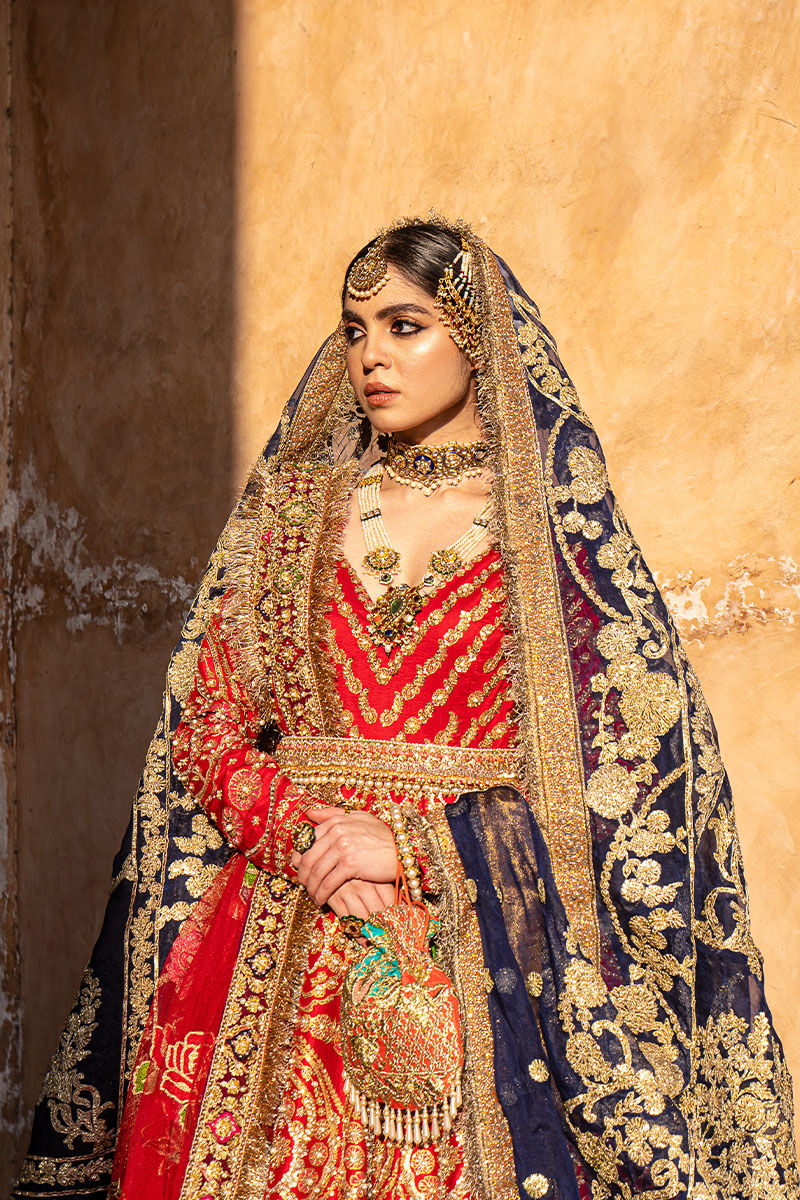 blue large sequin dress Navy Blue and Red Pakistani Bridal Dress In Pishwas Lehnga Style