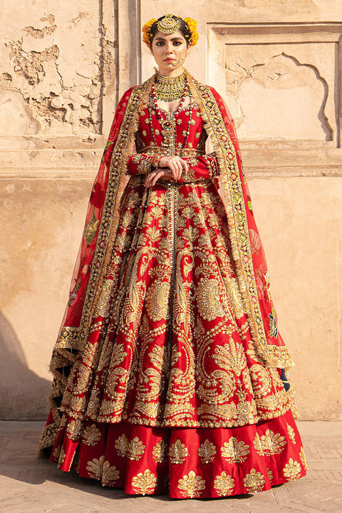 Red Raw Silk Lehenga In Pishwas Style