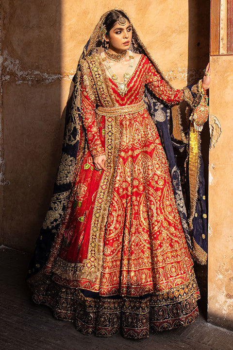 Navy Blue and Red Pakistani Bridal Dress In Pishwas Lehnga Style
