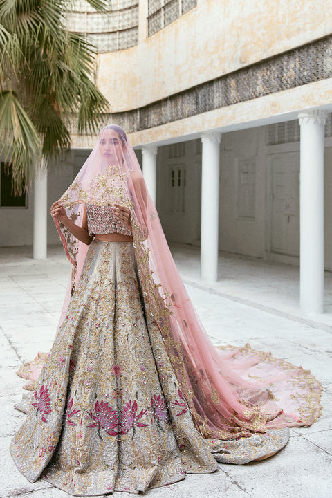 Beautiful Pakistani Bridal Lotus Lehnga With Long Tail