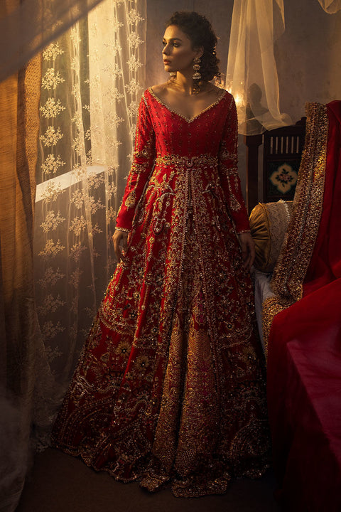 Red Pakistani Bridal Dress In open shirt frock Style