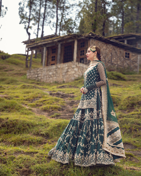 Pakistani Bridal Gharara Kameez Dress In Green Color