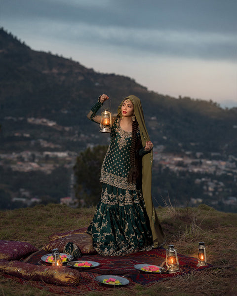Pakistani Bridal Gharara Kameez Dress In Green Color