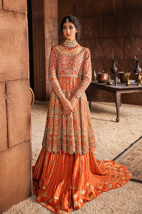 Pakistani Resham Bridal Dress in Orange color