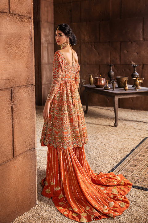 Pakistani Resham Bridal Dress in Orange color