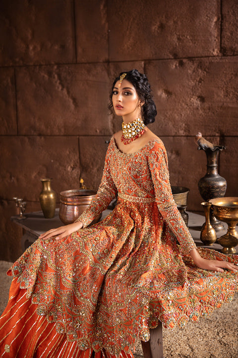 Pakistani Resham Bridal Dress in Orange color