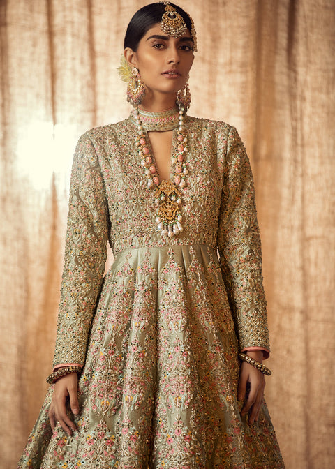 Pakistani Bridal Dress In Pishwas Style Golden and Silver Color