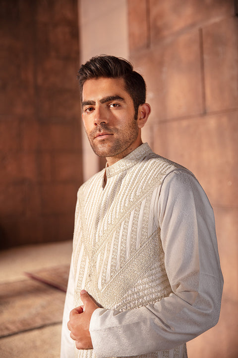 Pakistani Men Sherwani white color with wascot