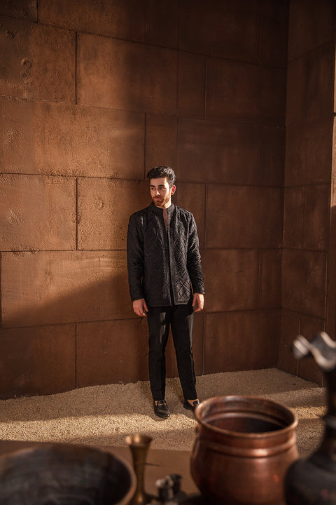 Pakistani Men Black Sherwani For Groom 
