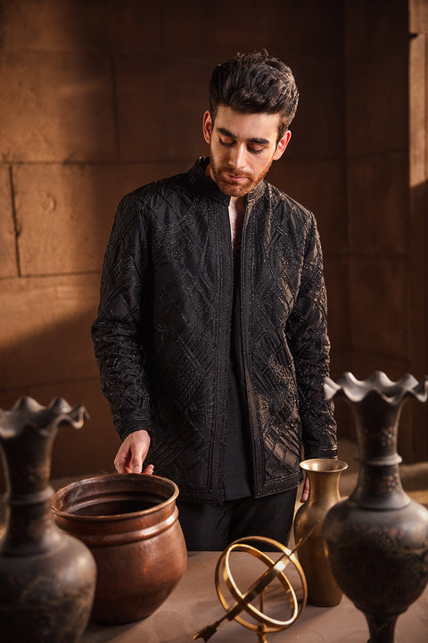 Pakistani Men Black Sherwani For Groom 