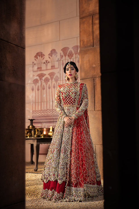 Pishwas Style Pakistani Red Bridal Net Dress