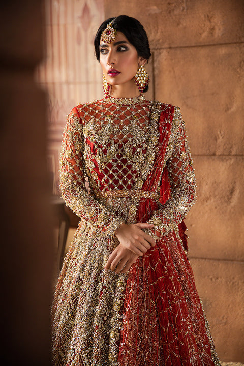 Pishwas Style Pakistani Red Bridal Net Dress