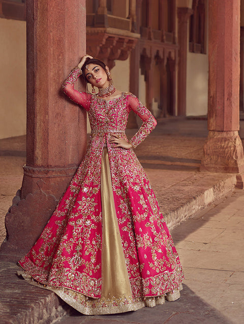 Golden And Pink Pishwas Pakistani Bridal Dress