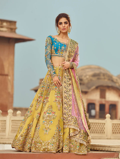 Blue And Golden Pakistani Bridal Lehnga Choli (Gul Bahar)