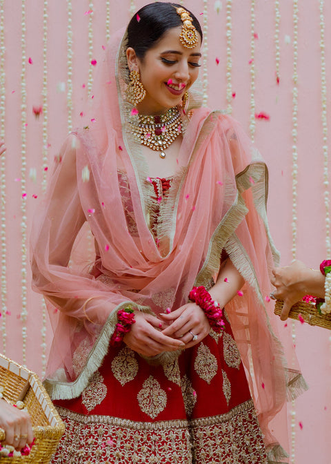 Pakistani Bridal Red Silk Lehnga Choli dress 