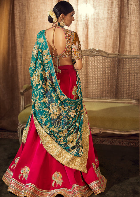 Pakistani Bridal Wedding Dress Red Lehenga Yellow Choli and blue dupatta