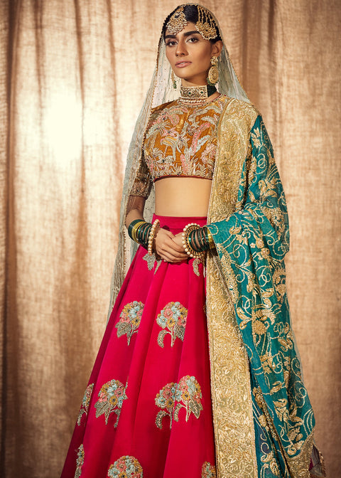 Pakistani Bridal Wedding Dress Red Lehenga Yellow Choli and blue dupatta