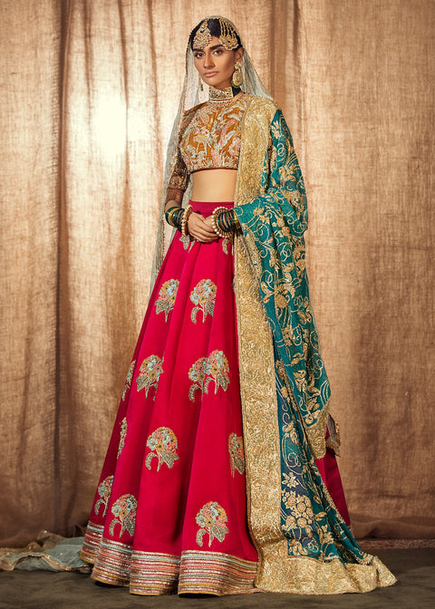  Red Lehenga Yellow Choli and blue dupatta