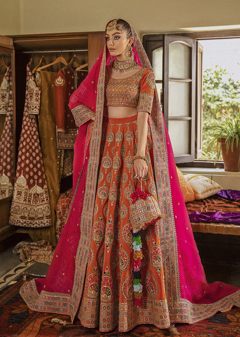 Pakistani Bridal Dress in Orange Lehenga Choli