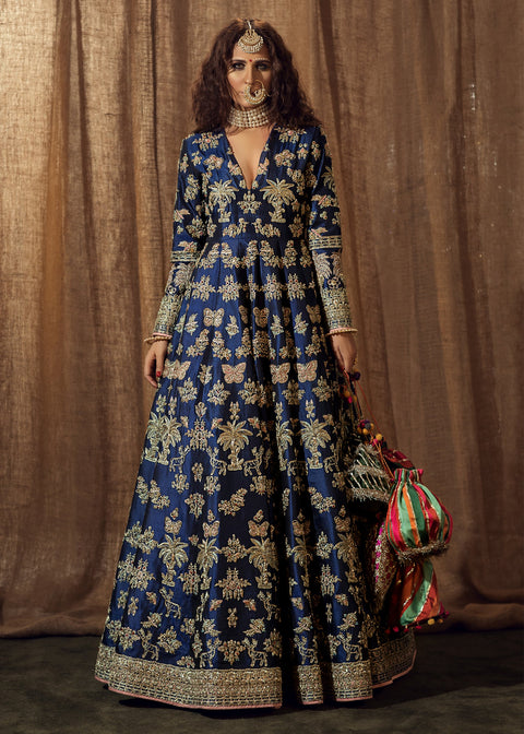 Pakistani Bridal Mehndi Dress Blue Frock And Red Dupatta