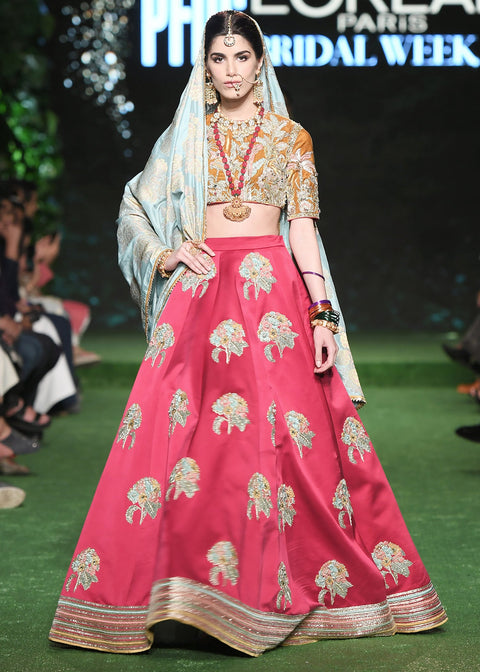 Pakistani Bridal Wedding Dress Red Lehenga Yellow Choli and blue dupatta