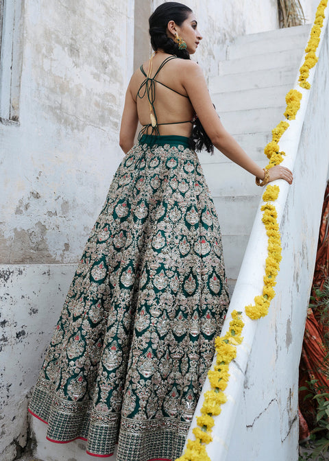 Bridal Red Gown With Green Lehnga Dress (Paasbaan)