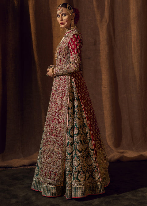 Bridal Red Gown With Green Lehnga Dress (Paasbaan)