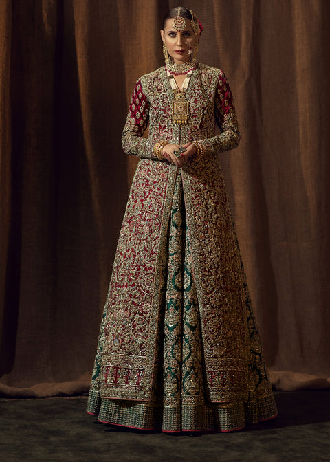 Bridal Red Gown With Green Lehnga Dress (Paasbaan)