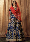 Pakistani Bridal Mehndi Dress Blue Frock And Red Dupatta