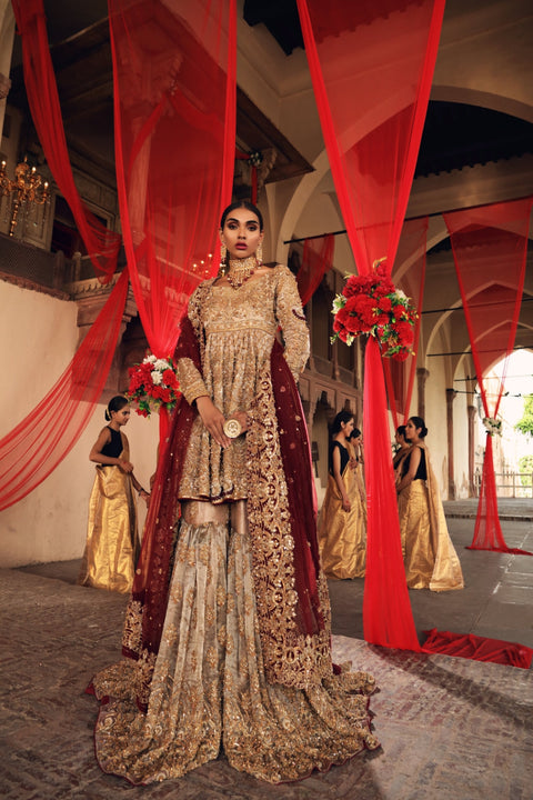 Nikkah Pakistani Handmade Heavy Farshi Gharara Nikkah Pakistani Handmade Heavy Farshi Gharara With Short Frock