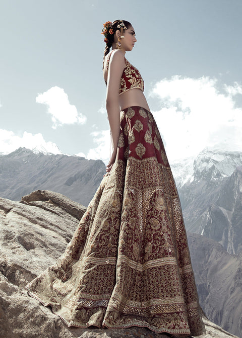Pakistani Bridal Red Silk Lehnga