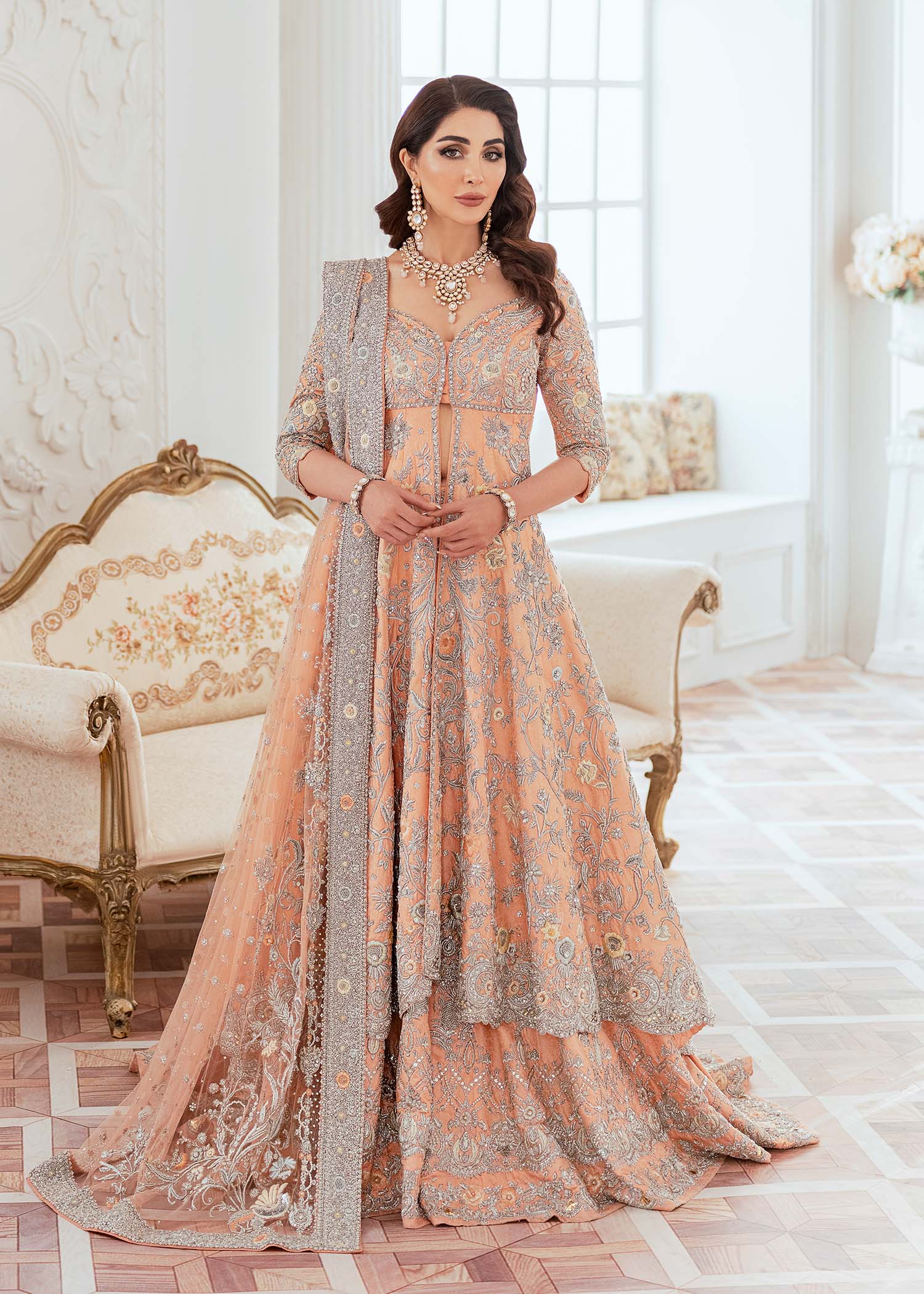 Pakistani Bridal Peach Color Lehenga Gown Pakistani Bridal Peach Color Lehenga Gown