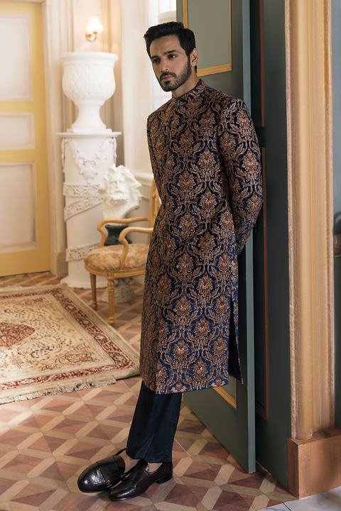 Royal Embellished Pakistani Groom Sherwani in Blue