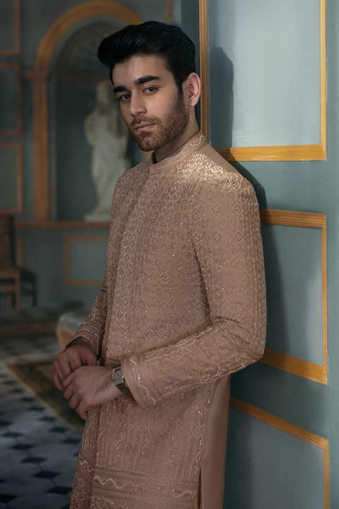 Embroidered Beige Groom Sherwani in Raw Silk Fabric