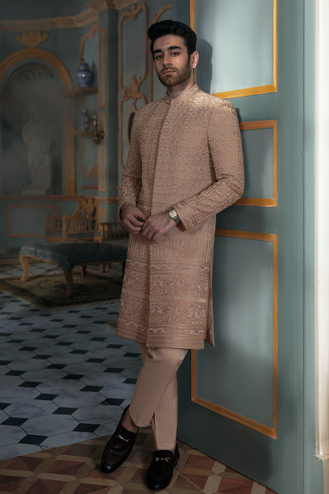 Embroidered Beige Groom Sherwani in Raw Silk Fabric
