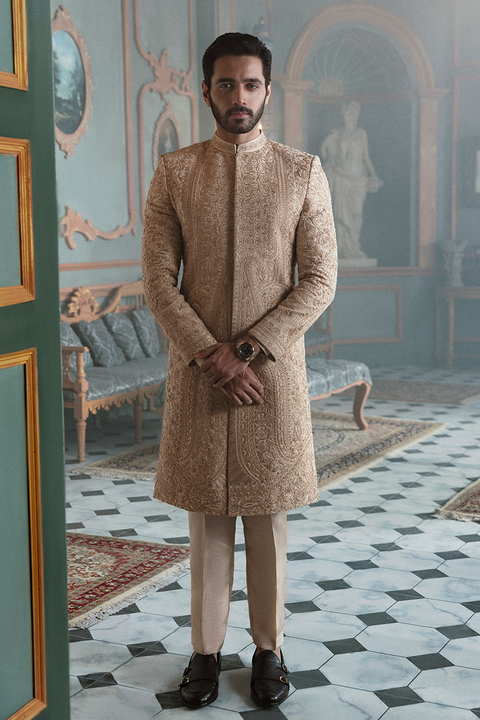 Hand-Embroidered Mens Groom Sherwani in Jamawar Fabric