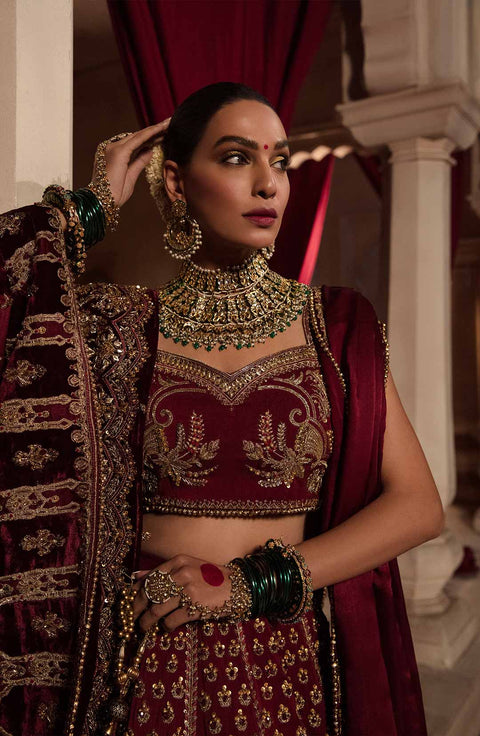 Pakistani Bridal Dress Deep Red Lehenga Choli Dupatta