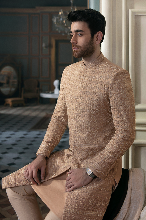 pakistani  Groom Sherwani in Raw Silk Fabric