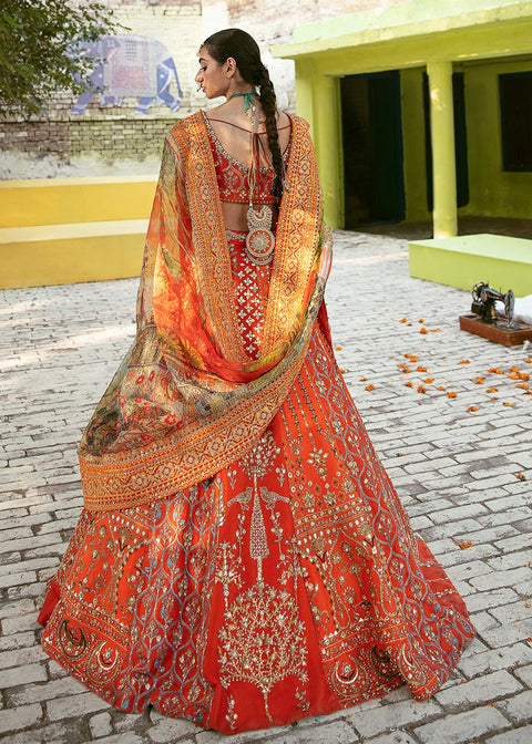 Pakistani Bridal Orange Red Lehenga Choli Dress