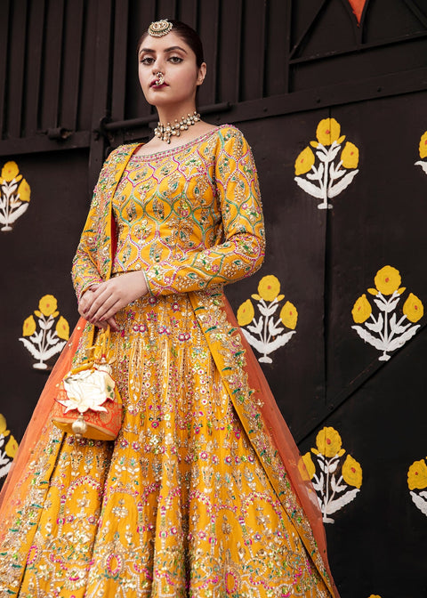 Pakistani Mehndi Dress Yellow Orange Lehenga Choli