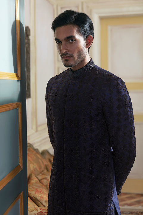 Pakistani Groom Dress in Jamawar Blue Sherwani Style