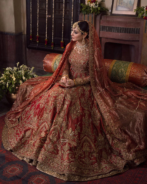 Bridal Red Pakistani Dress In Pishwas Frock And Lehenga Style