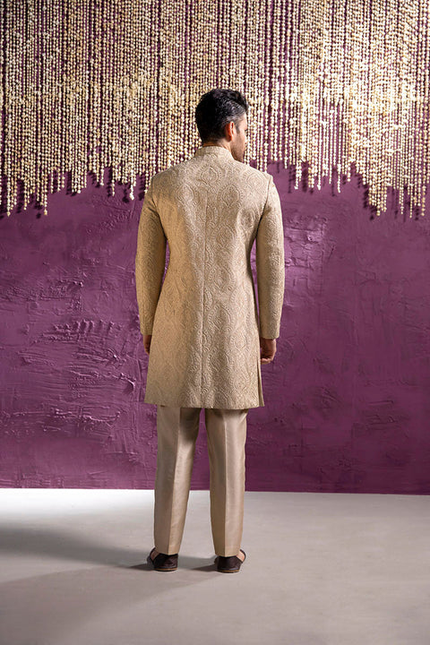 Royal Embroidered Beige Sherwani Pakistani Groom Dress