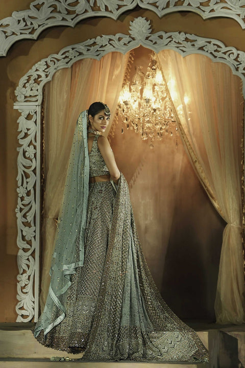 Pakistani Bridal Dress Lehenga Choli In Ice Grey