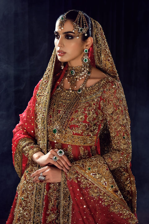 Pakistani Bridal Dress in Red Lehenga and Frock Style