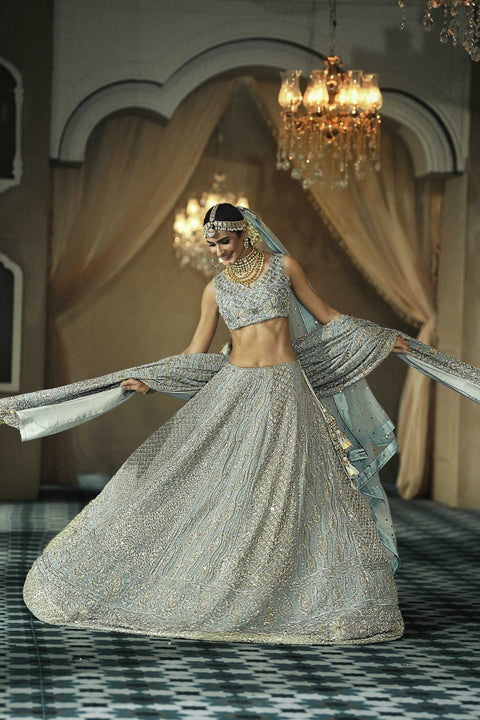 Pakistani Bridal Dress Lehenga Choli In Ice Grey
