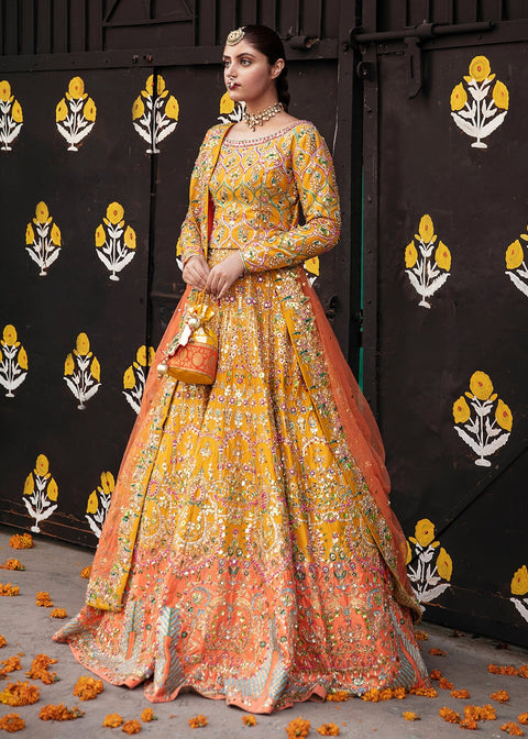 Pakistani Mehndi Dress Yellow Orange Lehenga Choli