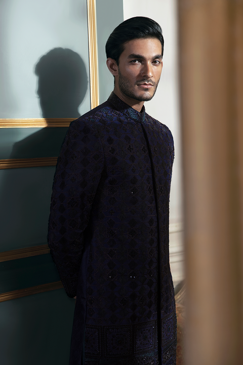 Pakistani Groom Dress in Jamawar Blue Sherwani Style