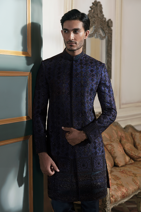 Pakistani Groom Dress in Jamawar Blue Sherwani Style