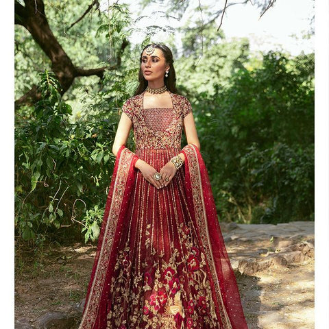 Pakistani Red Dress In Bridal Lehenga Gown Style